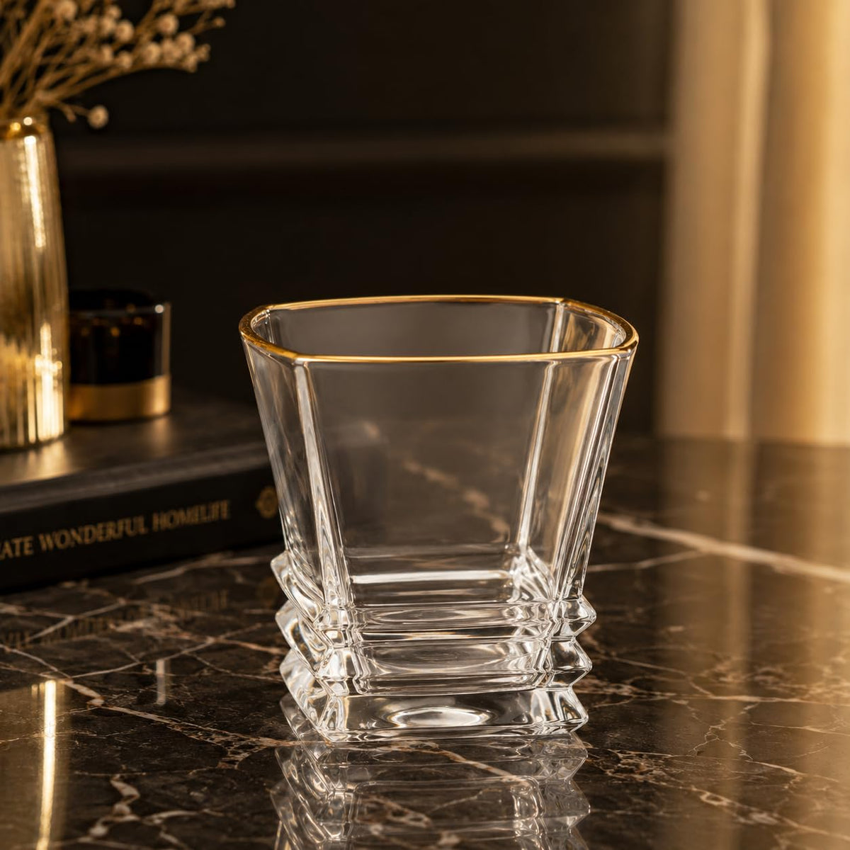 Premium Whisky Glass Set of 6 | 300ml Heavy Base Crystal Clear Glasses with Golden Rim | Elegant Square Design Glasses for Whisky, Scotch, Cocktails & Bar Use