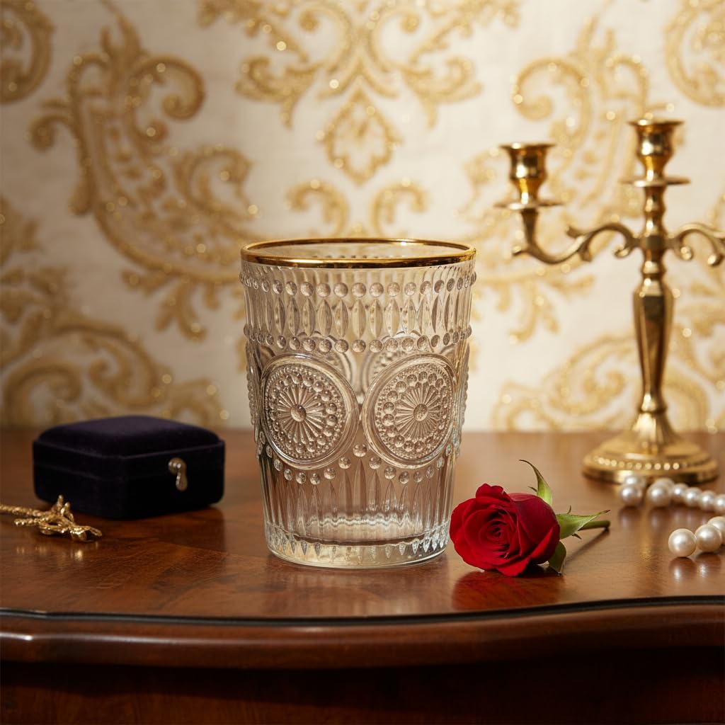 Set of 6 Crystal Bar Glasses – 300ml Vintage Embossed Luxury Drinkware with Gold Rim for Whiskey, Cocktails & Parties