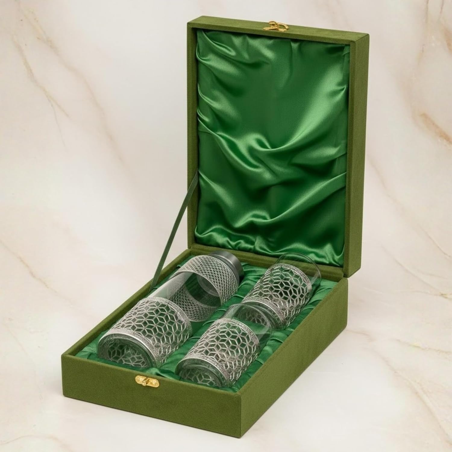 Premium German Silver Glass Bottle Set with 1 Litre Bottle & 2 Glasses (300ml Each) - Comes with Green Velvet Gift Box