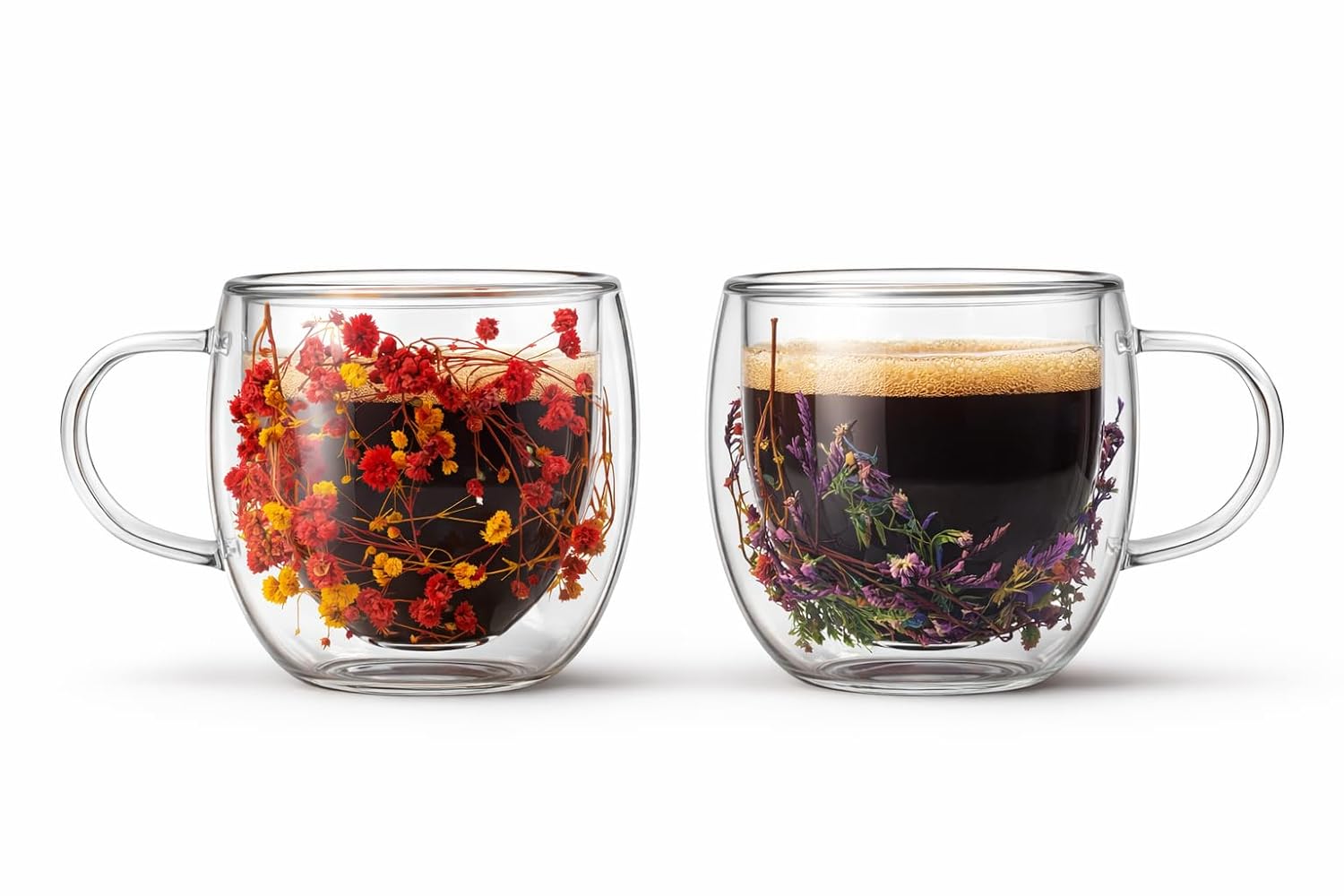 Dried Flower Double Wall Glass Coffee Mug Set of 2 | 350ml