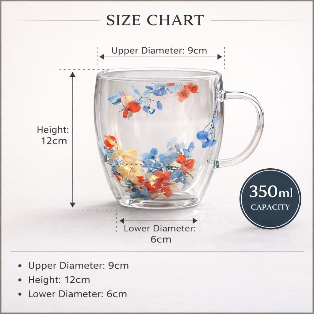 Floral Glass Cup (Pack of 2) | Premium Transparent Double Wall Mug with Flowers (Multicolor)