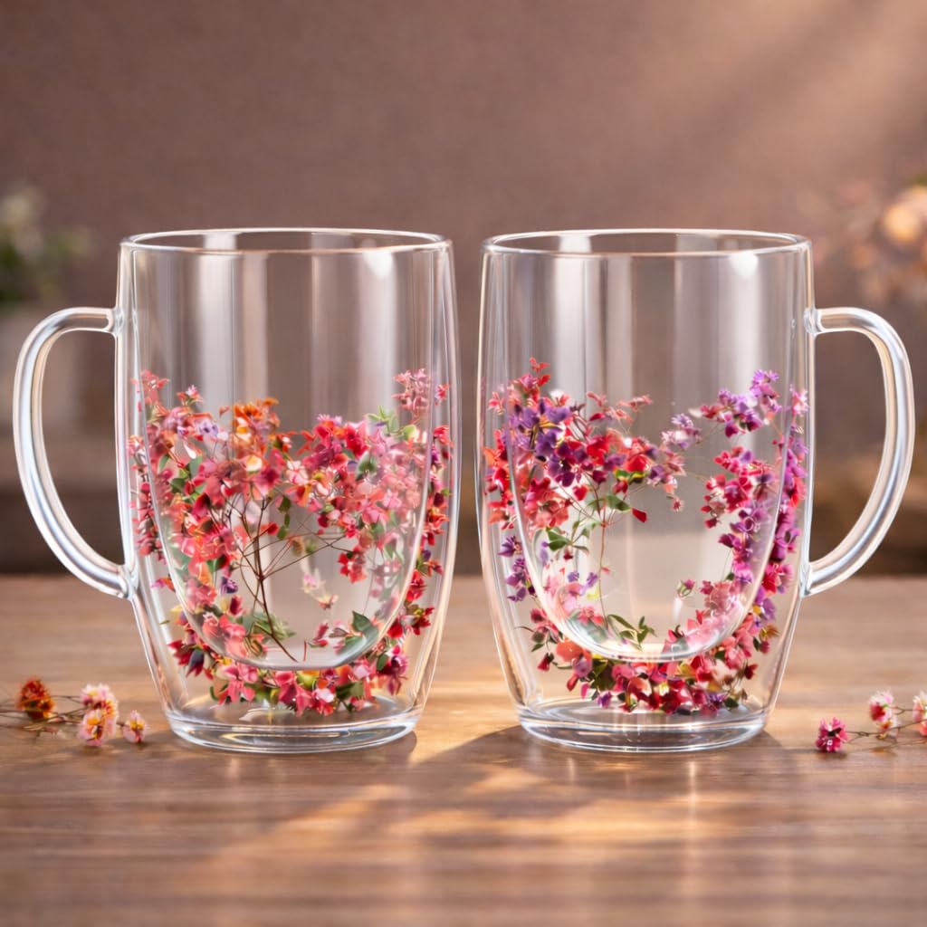 Floral Glass Cup (Pack of 2) | Transparent Double Wall Mug with Flowers | 450ml
