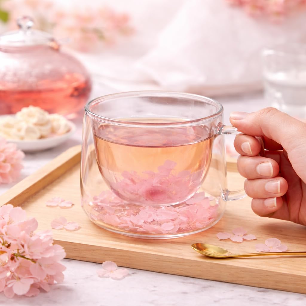 Floral Glass Cup (Pack of 2) | Premium Transparent Double Wall Mug with Flowers (Baby Pink)