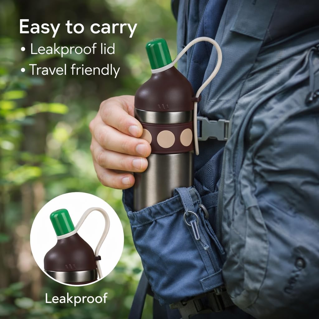Stainless Steel Thermal Water Bottle 750ml – Double Wall Vacuum Insulated, Leak-Proof, Portable Strap Design for Travel, Office & Outdoor use (Brown)