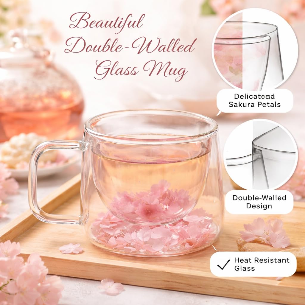 Floral Glass Cup (Pack of 2) | Premium Transparent Double Wall Mug with Flowers (Baby Pink)
