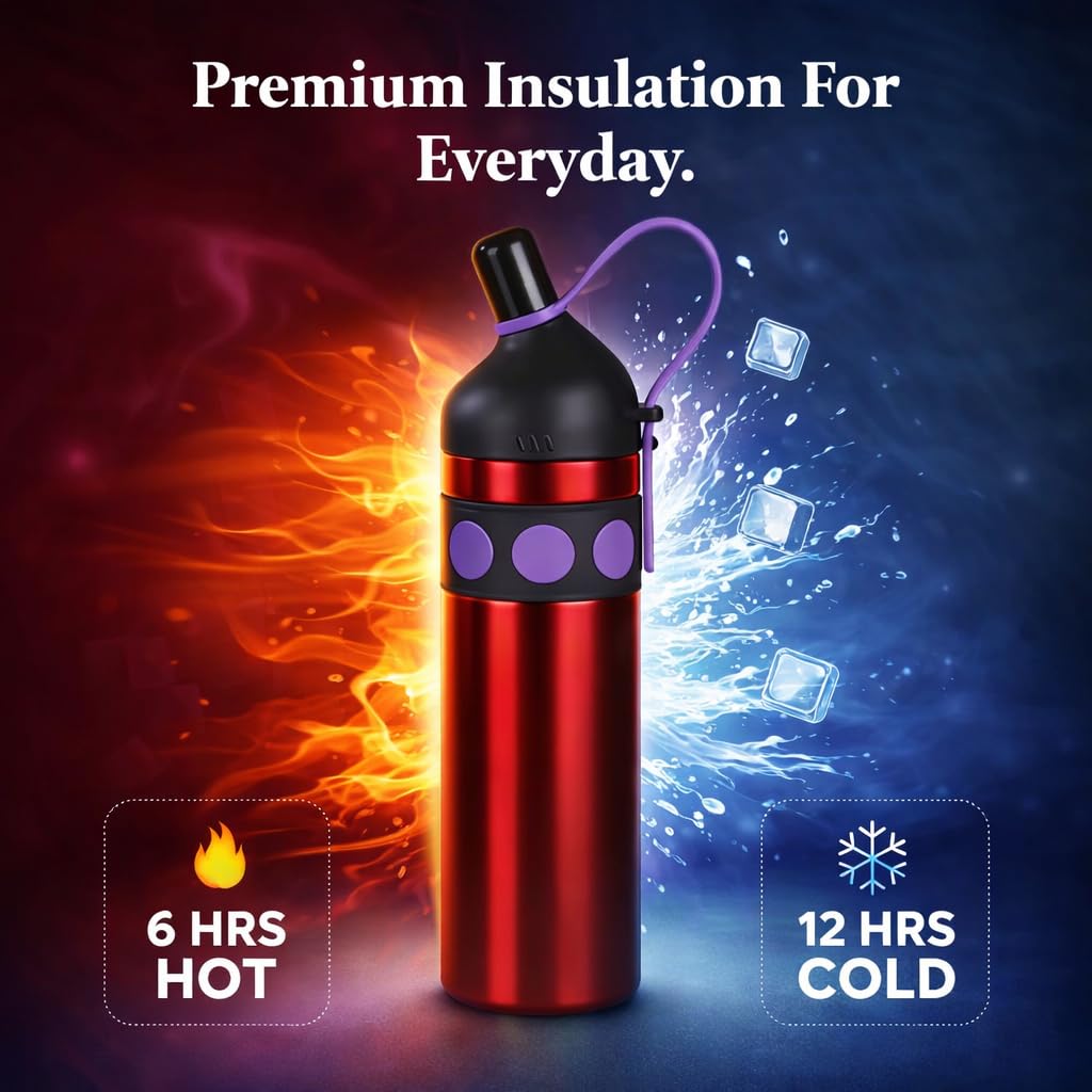 Stainless Steel Thermal Water Bottle 750ml – Double Wall Vacuum Insulated, Leak-Proof, Portable Strap Design for Travel, Office & Outdoor use (Red)