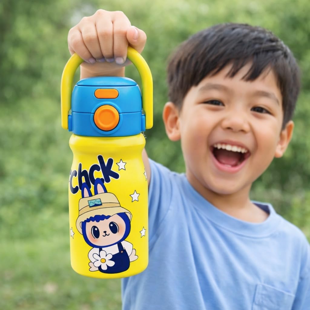 Cute cartoon printed water bottle with handle. 520 ml capacity, lightweight and easy to carry. Perfect for kids, school, travel and daily use. (Yellow)