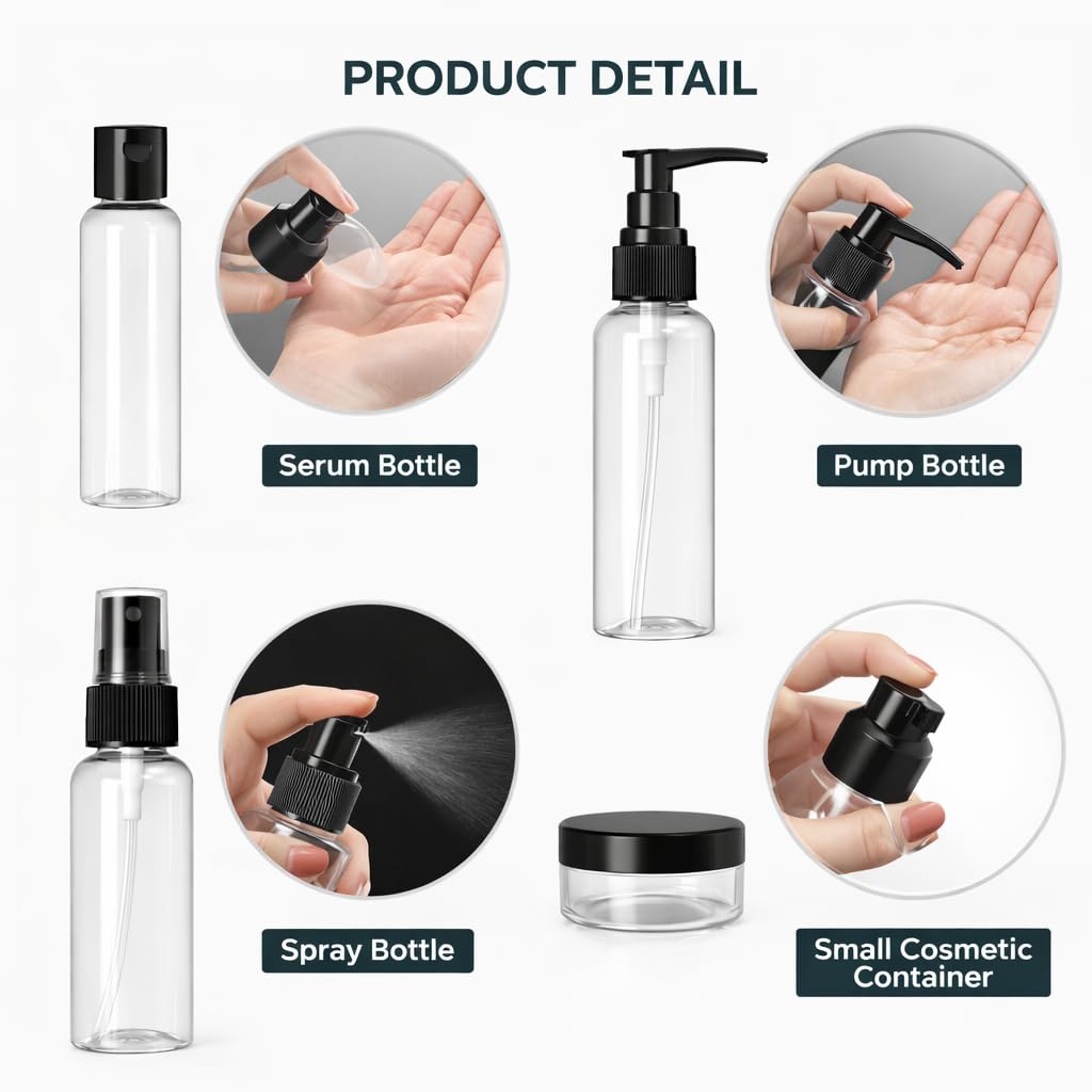 Travel Bottles for Toiletries with Pouch (7 Pcs) | Refillable Toiletry Containers for Shampoo, Lotion, Creams, Perfume & Cosmetics | Portable Travel Kit (Black)