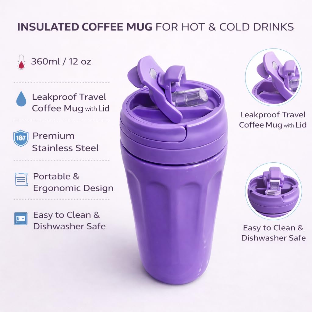 Travel Coffee Mug 360ml – Double Wall Vacuum Insulated Stainless Steel Cup with Lid, Leakproof Thermal Tumbler for Office & Coffee (Purple)