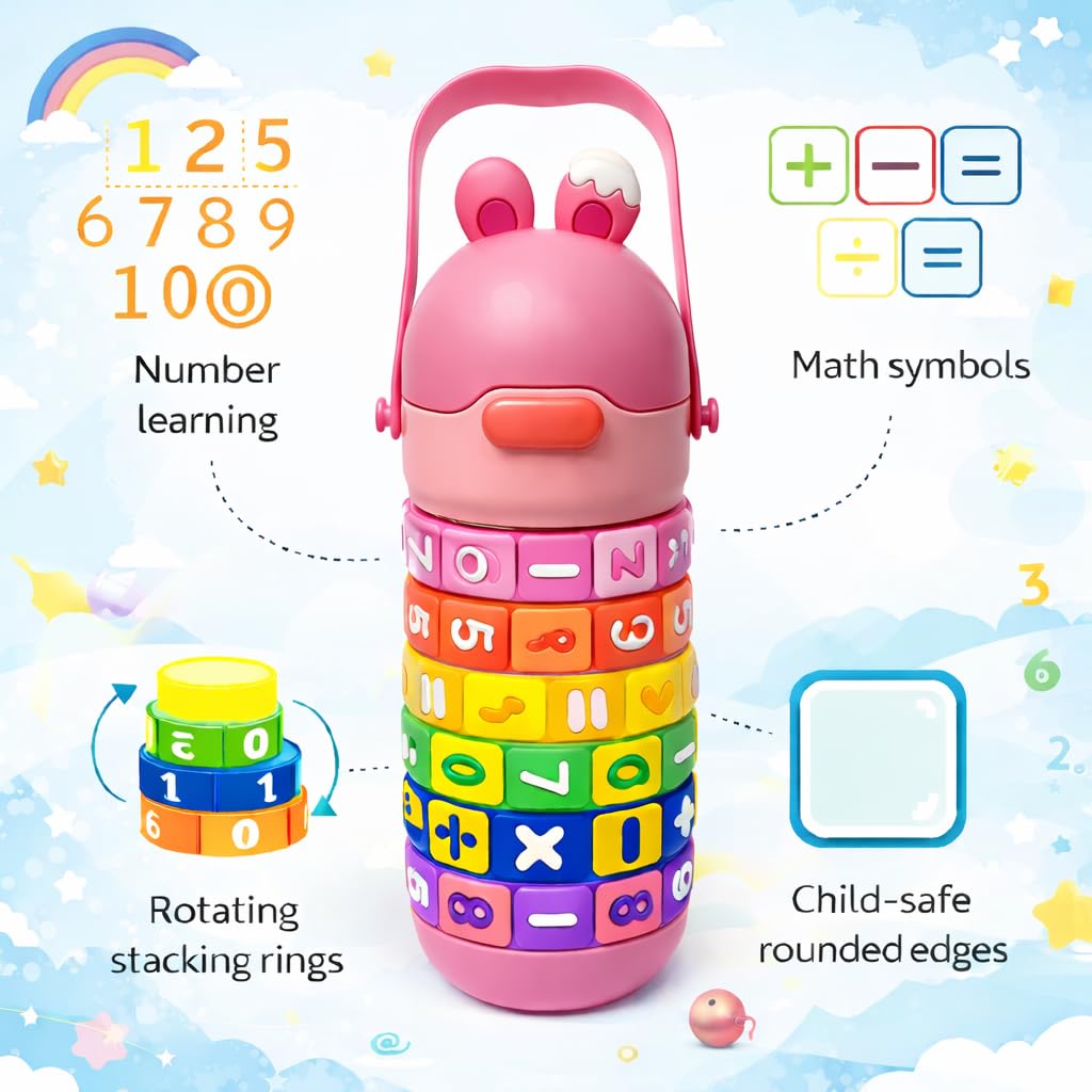 Math Learning Puzzle Water Bottle for School Kids 500ml – Stainless Steel Sipper with Straw & Adjustable Strap – Fun Educational Number Puzzle Drinking Bottle for Boys & Girls (Pink)