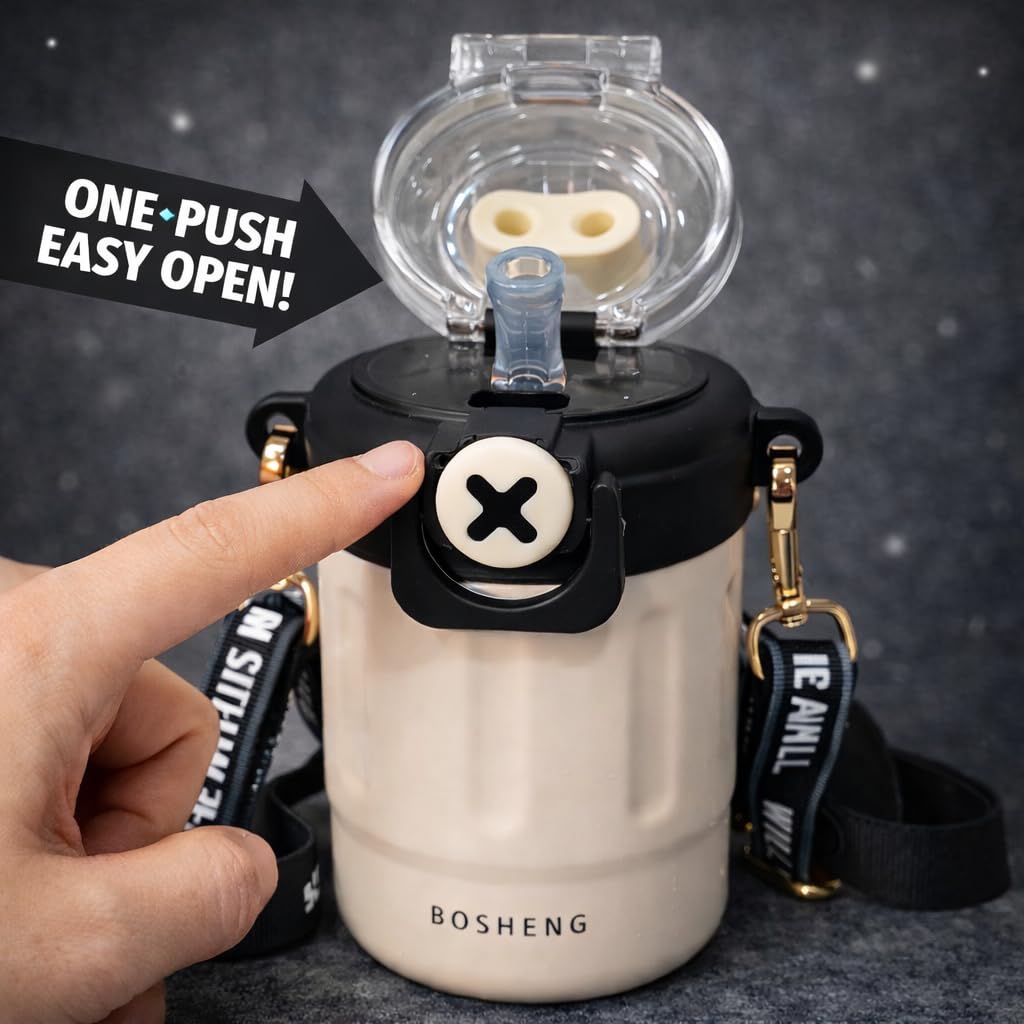 300 ml Kids Water Bottle with Stylish Carry Strap | Leakproof Lock Cap | Cute Cartoon Design | Portable Sipper for School & Travel (White)