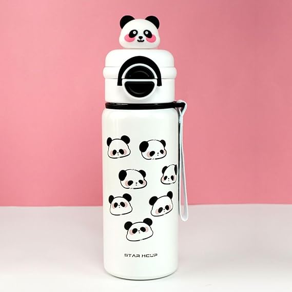 White water bottle with panda designs on a pink background
