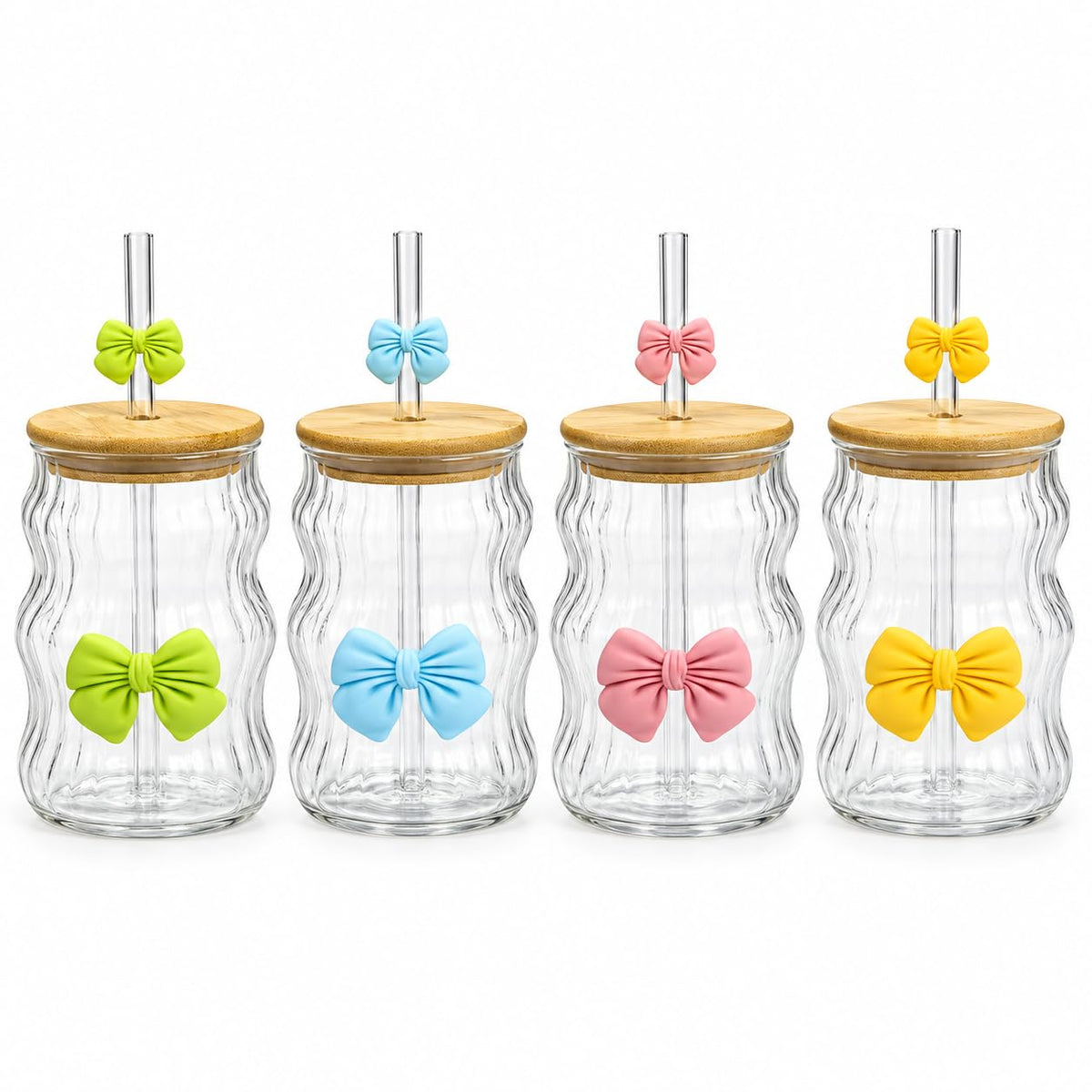 Glass Tumbler Set of 4, 300ml Cute Bow Design Drinking Glasses with Bamboo Lids and Glass Straws, Wavy Clear Cups for Iced Coffee, Juice, Smoothies and Cold Beverages & Matcha
