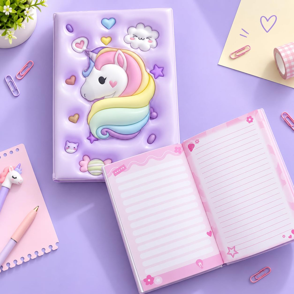 3D Squishy Unicorn Diary for Kids, Fancy Notebook for Girls, Cute Soft Touch Diary with 100 Pages, Kids Notepad for School, Personal Notes, Drawing & Writing (Purple)
