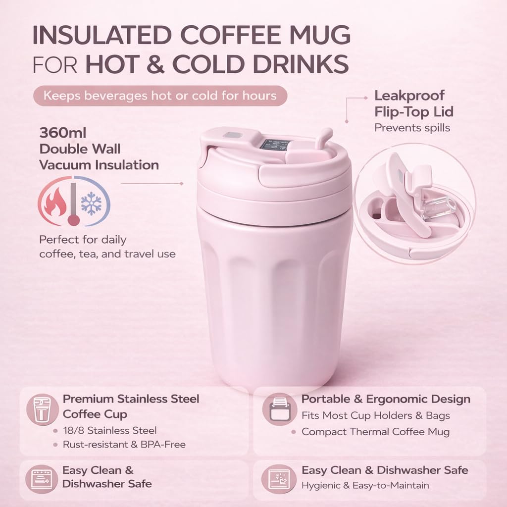 Travel Coffee Mug 360ml – Double Wall Vacuum Insulated Stainless Steel Cup with Lid, Leakproof Thermal Tumbler for Office & Coffee (Pink)