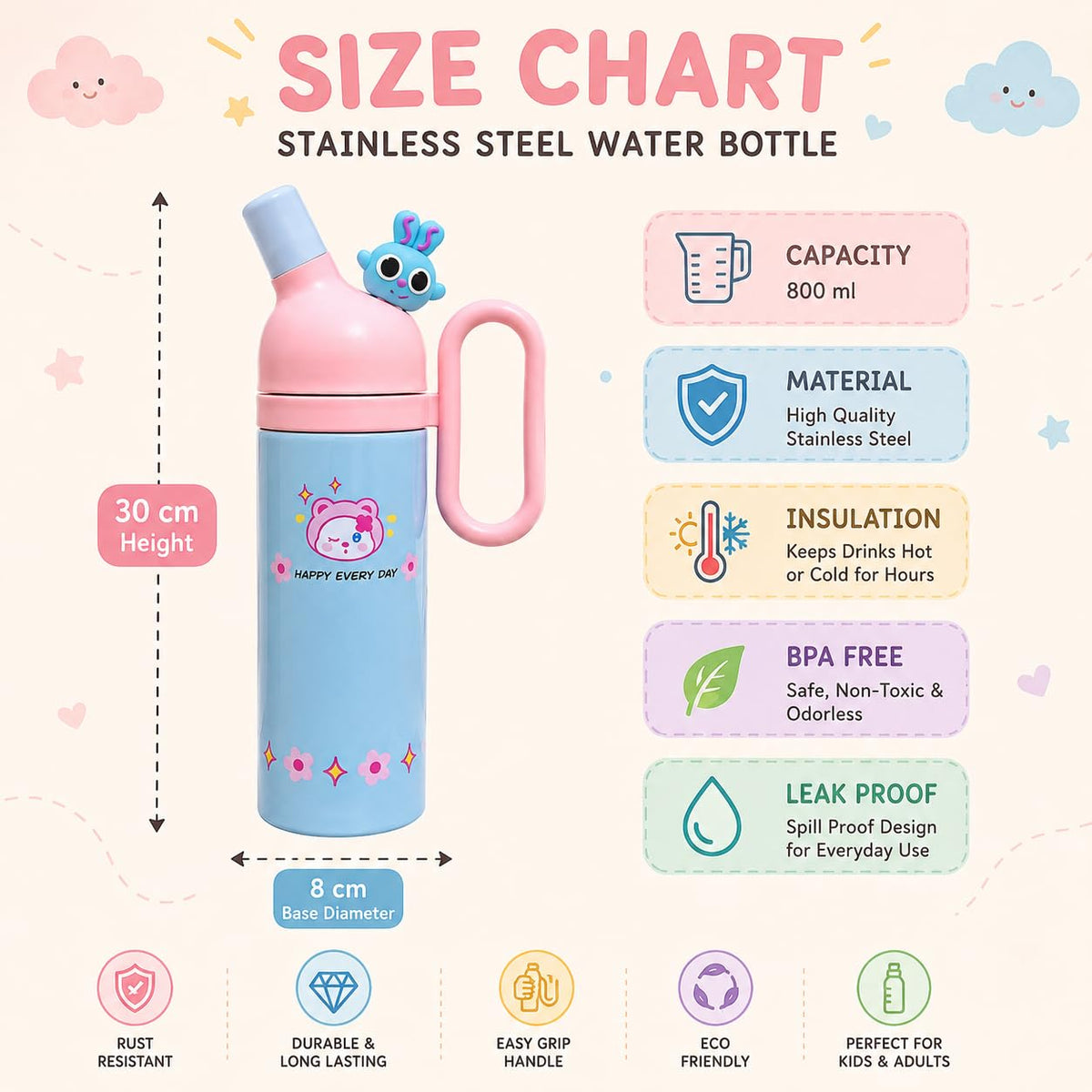 Dailyalley Cute Bear Insulated Water Bottle with Handle, Pink Blue Vacuum Flask, Leakproof Double Wall Thermal Bottle, Kids School Travel Mug, Happy Every Day Design, Hot & Cold Drink Bottle (White)