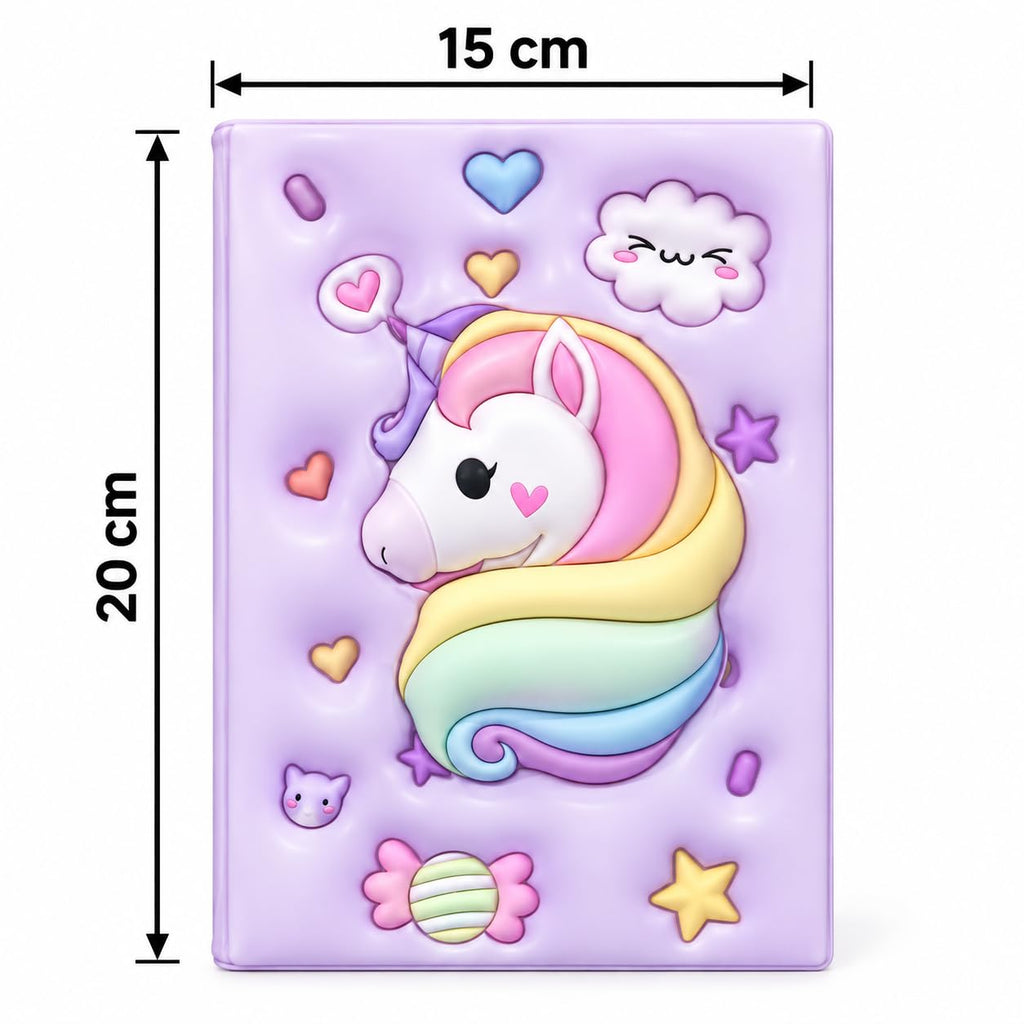 3D Squishy Unicorn Diary for Kids, Fancy Notebook for Girls, Cute Soft Touch Diary with 100 Pages, Kids Notepad for School, Personal Notes, Drawing & Writing (Purple)