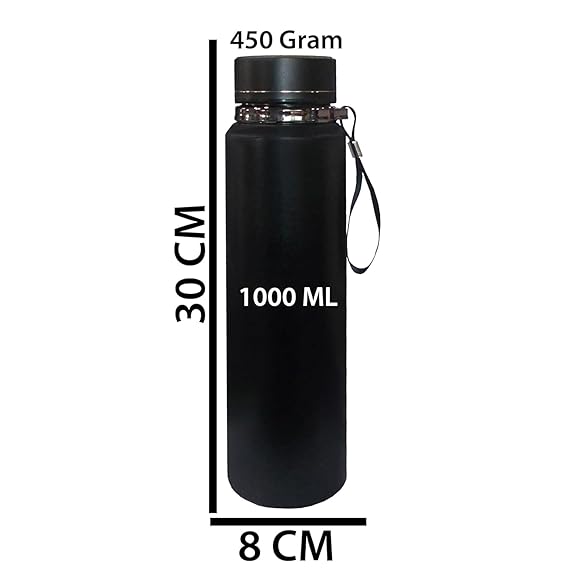 Black water bottle with measurements on a white background