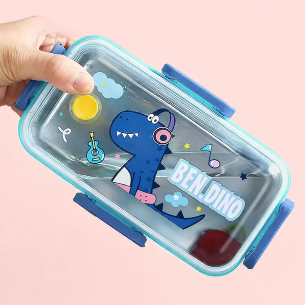 Lunch Box for Kids | Cute Tiffin Box for School | Stainless Steel Box with Leakproof Lid, Sauce Container & Spoon (Blue Dinosaur)