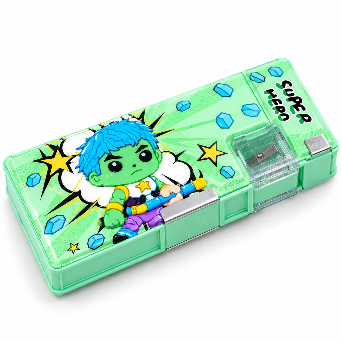 Superhero Print Pencil Box for Kids with Built-in Sharpener Multifunctional Pencil Box for Kids Boys & Girls, Large Capacity Stationery Mint Green