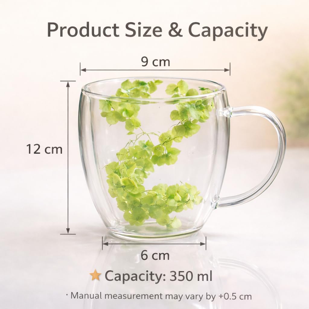 Floral Glass Cup (Pack of 2) | Premium Transparent Double Wall Mug with Flowers (Assorted)
