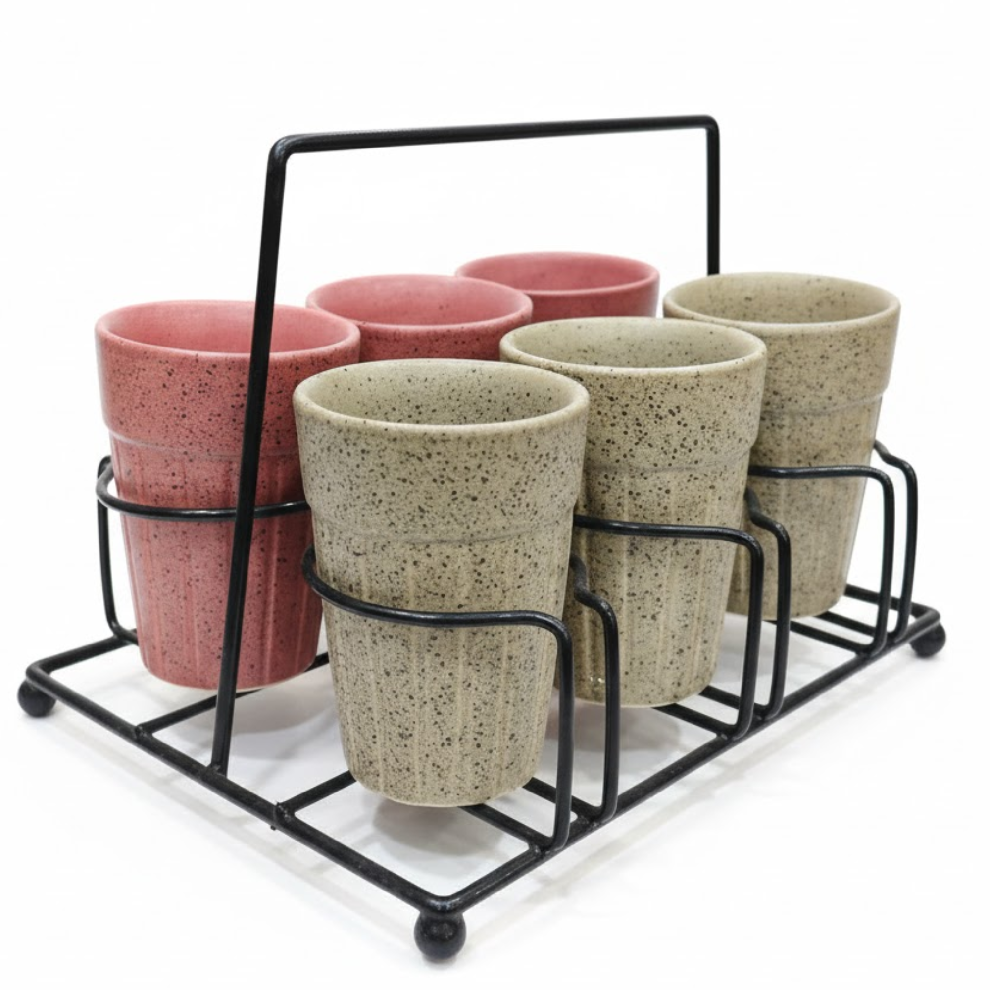 DailyAlley Ceramic Kulhad Tea Cups with Stand (Set of 6) - Speckled Chai Cups for Home & Office - Multi-Color Kulhar Set Dailyalley