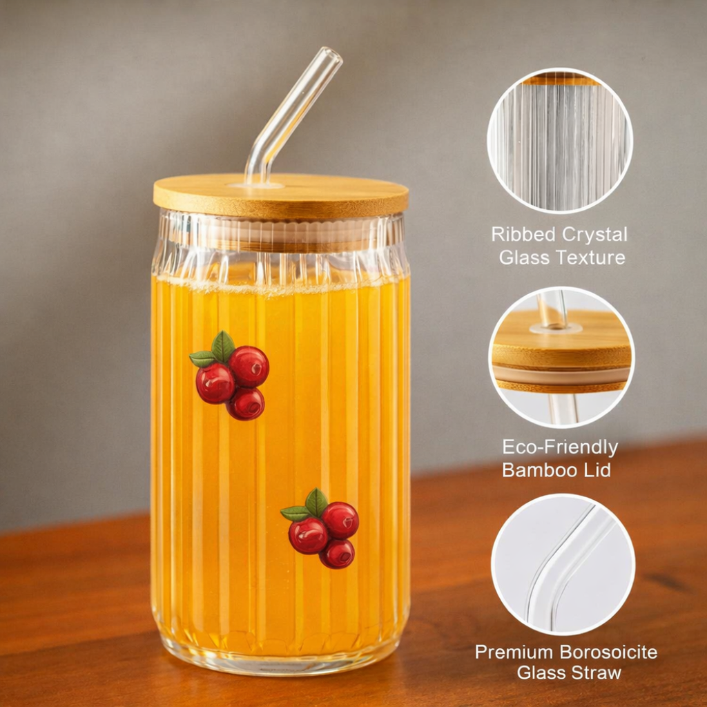DailyAlley Ribbed Glass Tumbler with Bamboo Lid & Straw (400ml Each)