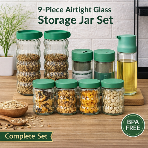 9-piece airtight glass storage jar set with green lids on a wooden surface.