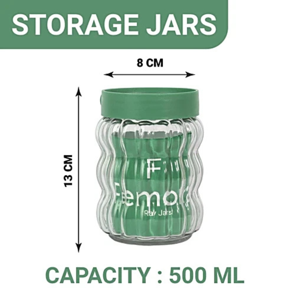 Airtight Glass Storage Jar Set with Green Lids (Set of 9) | Ribbed Kitchen Containers for Spices, Dry Fruits, Grains & Oil