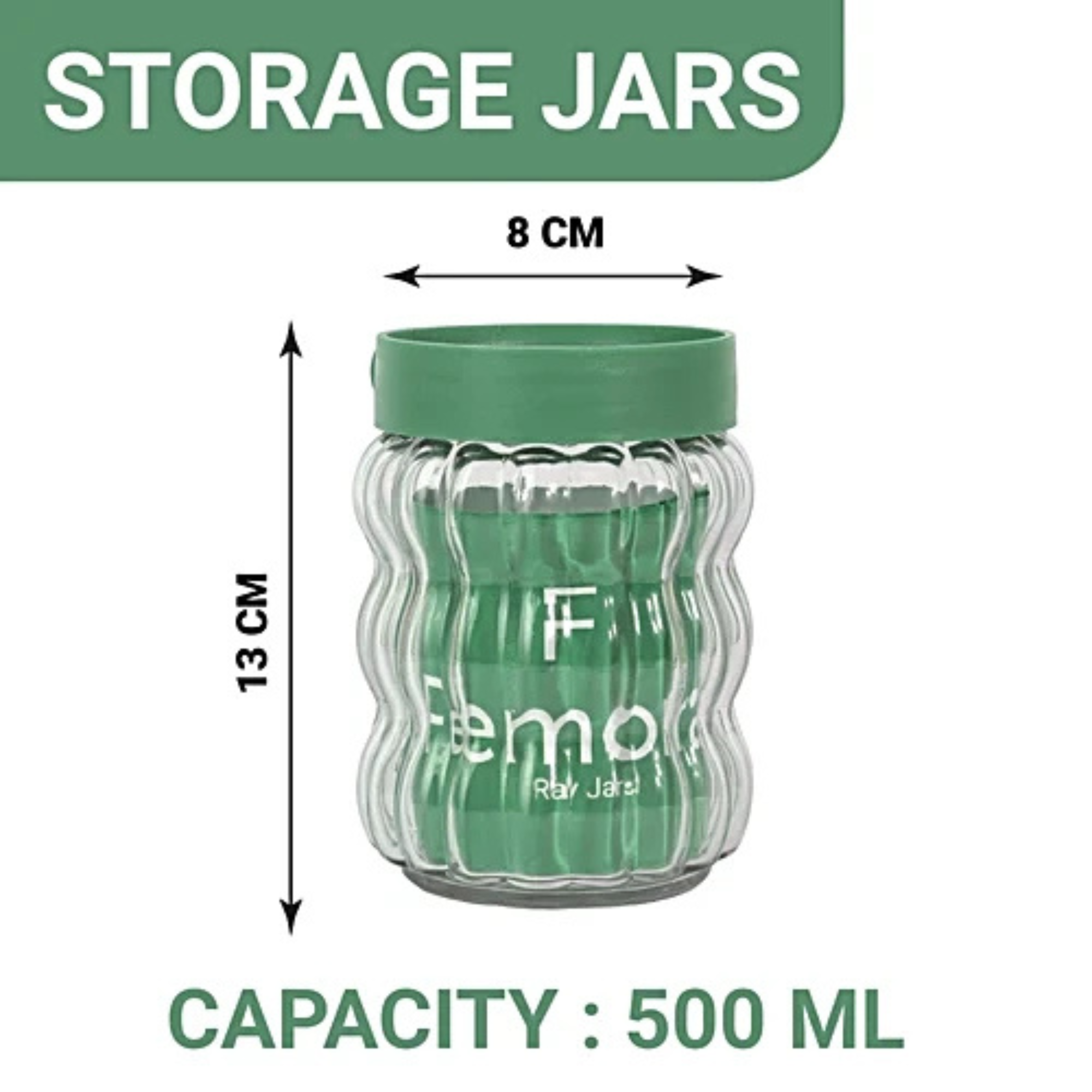 Airtight Glass Storage Jar Set with Green Lids (Set of 9) | Ribbed Kitchen Containers for Spices, Dry Fruits, Grains & Oil