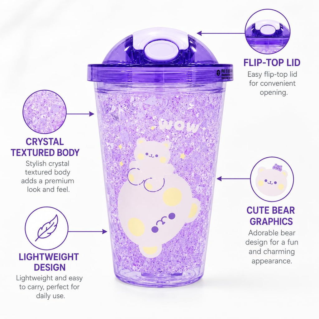 Cute Bear Tumbler for Kids & Girls 450ML - Leakproof Sipper Cup with Straw, Crystal Ice Textured Transparent Water Bottle with Flip Lid - Lightweight Freezer Safe Juice Coffee Cup (Yellow)