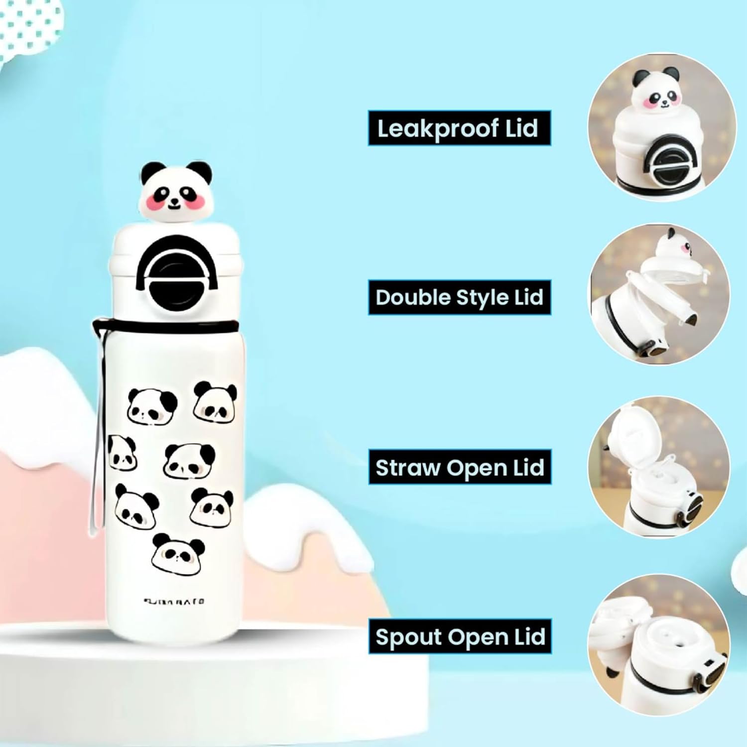 DailyAlley Pink Panda Water Bottle - A stainless steel thermos for kids, featuring a cute panda design. Perfect for keeping drinks hot or cold. Dailyalley