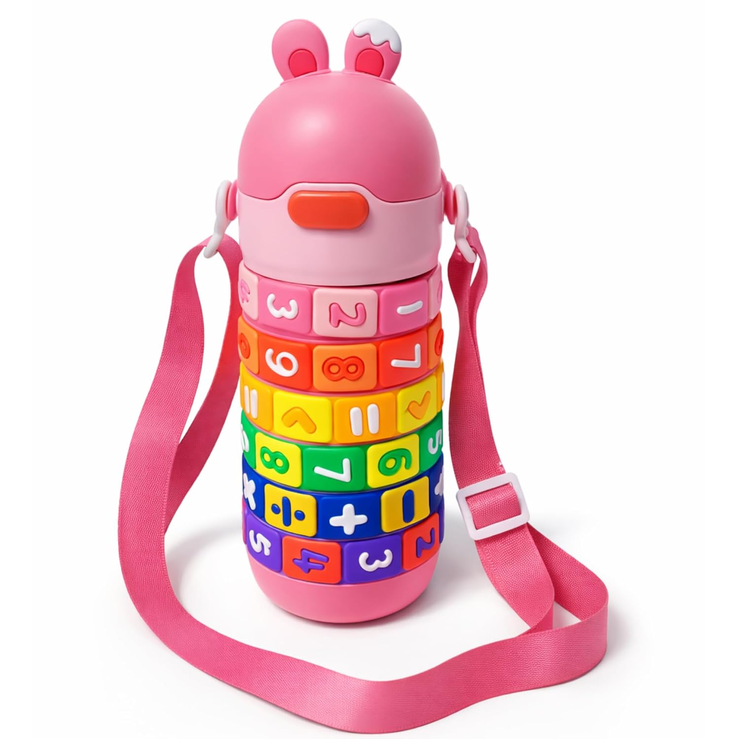 Math Learning Puzzle Water Bottle for School Kids 500ml – Stainless Steel Sipper with Straw & Adjustable Strap – Fun Educational Number Puzzle Drinking Bottle for Boys & Girls (Pink)