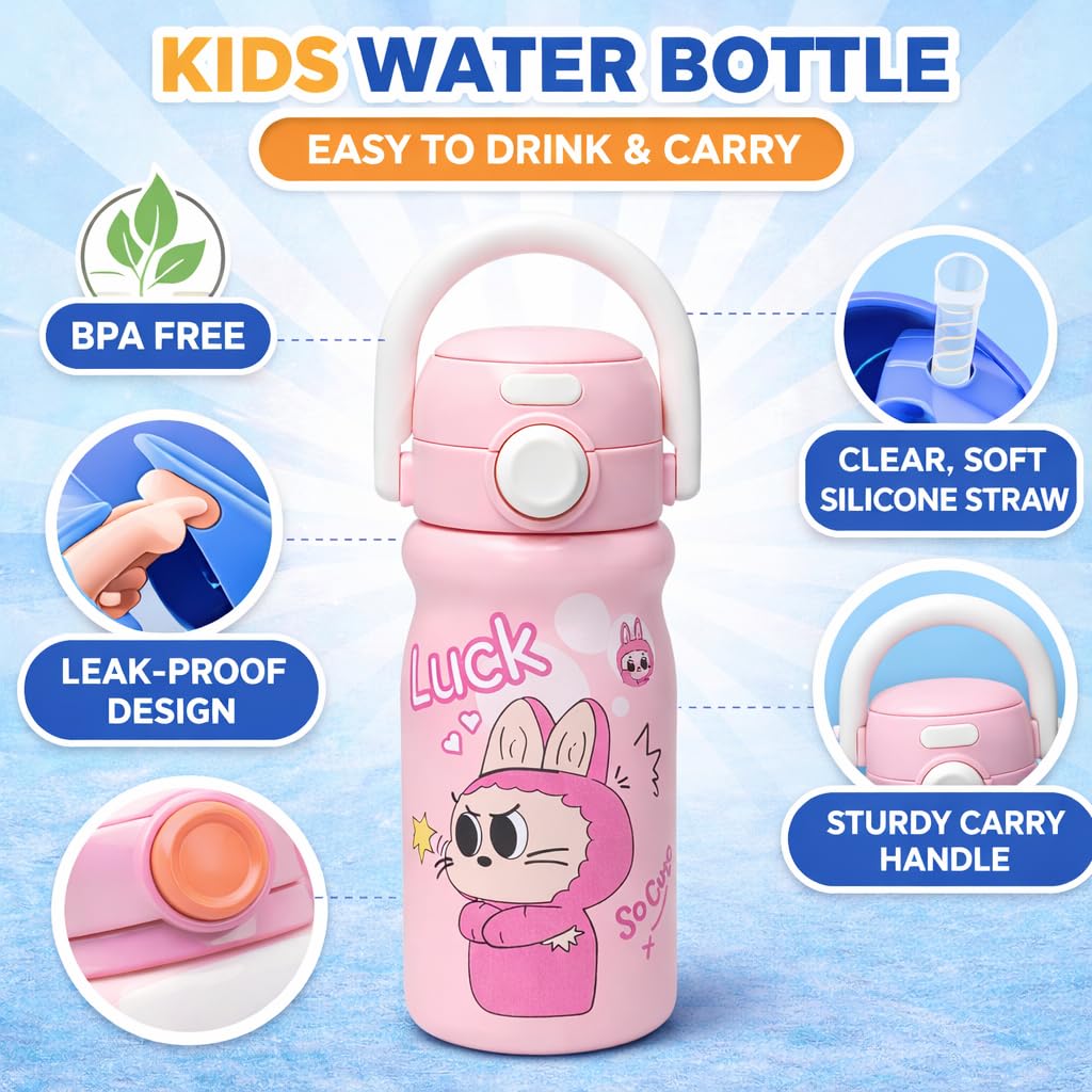 Cute cartoon printed water bottle with handle. 520 ml capacity, lightweight and easy to carry. Perfect for kids, school, travel and daily use. (Pink)