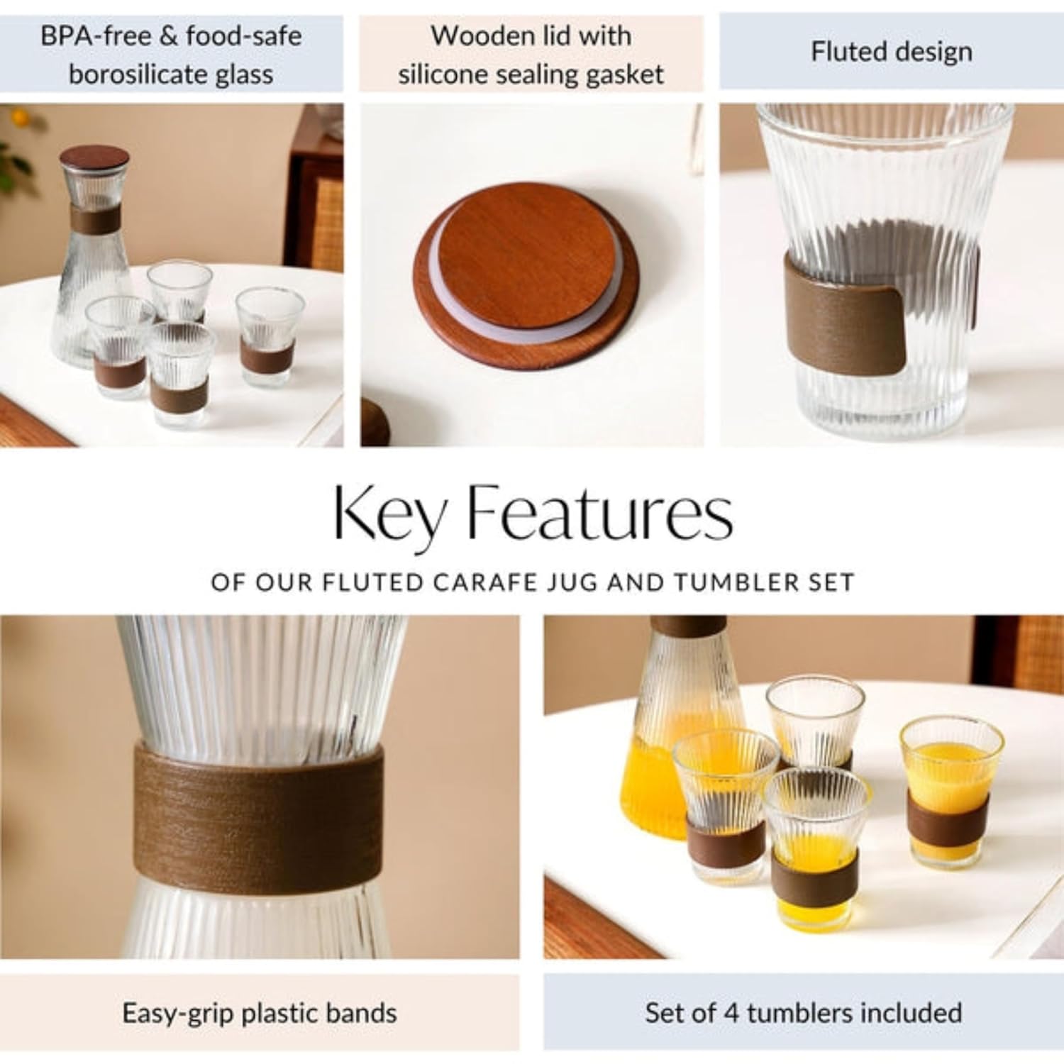 Fluted carafe jug and tumbler set with key features highlighted