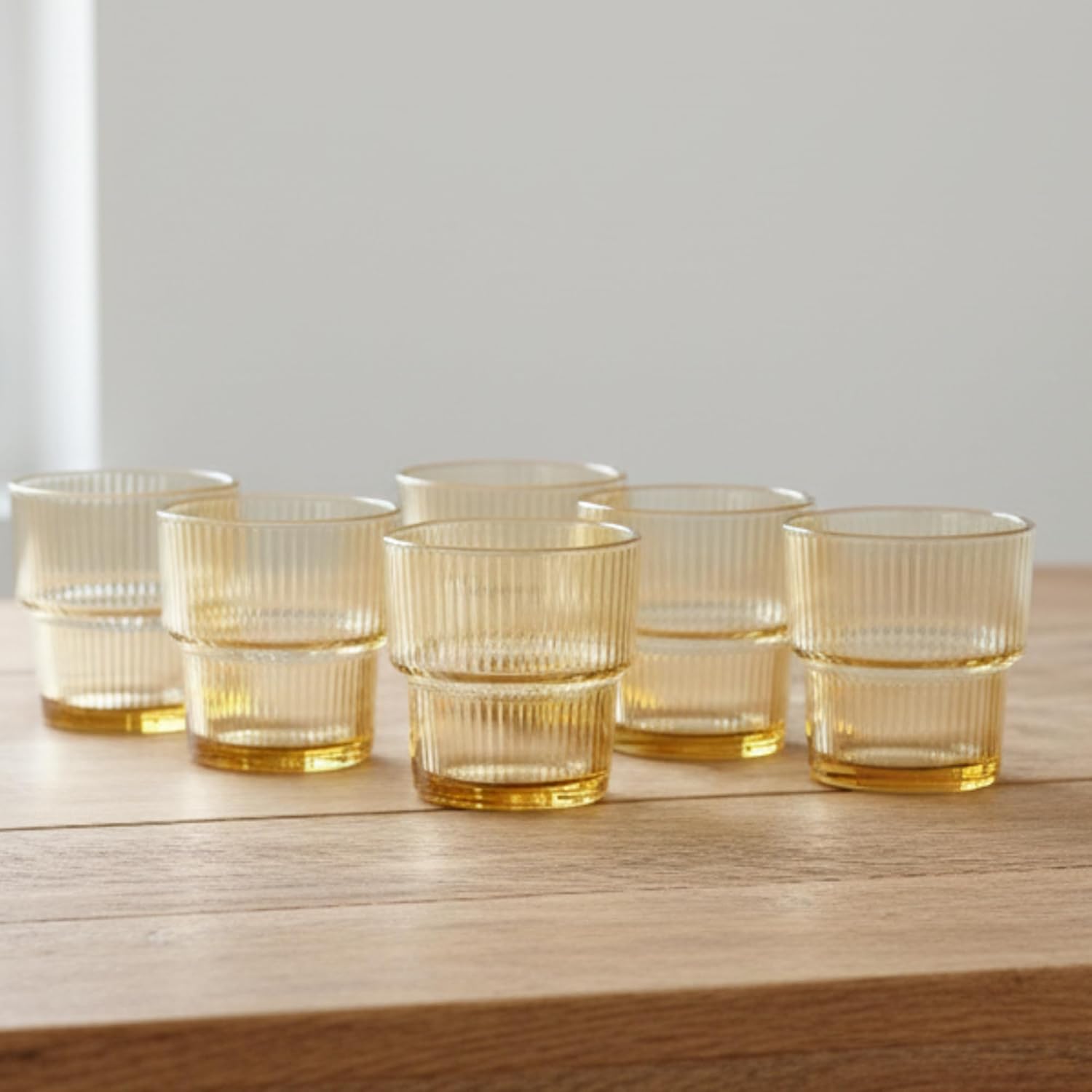 DailyAlley Amber Ribbed Glass Set (6-Pack, 250ml) | Elegant Tumblers for Water, Juice & Cocktails | Modern Dishwasher Safe Drinkware for Home Dailyalley