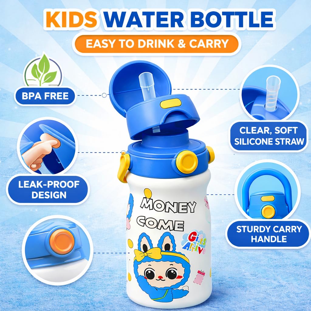 Cute cartoon printed water bottle with handle. 520 ml capacity, lightweight and easy to carry. Perfect for kids, school, travel and daily use. (White)