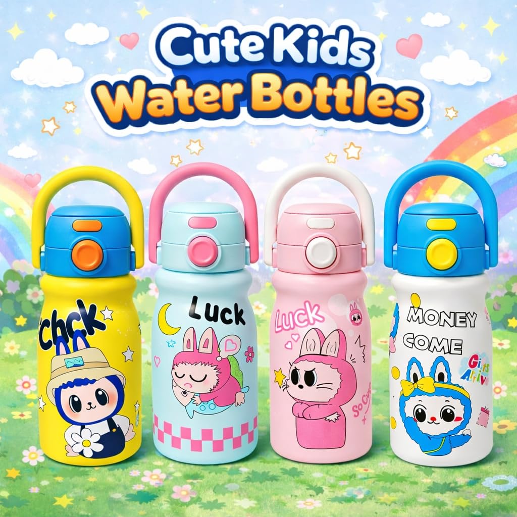 Cute cartoon printed water bottle with handle. 520 ml capacity, lightweight and easy to carry. Perfect for kids, school, travel and daily use. (Blue)