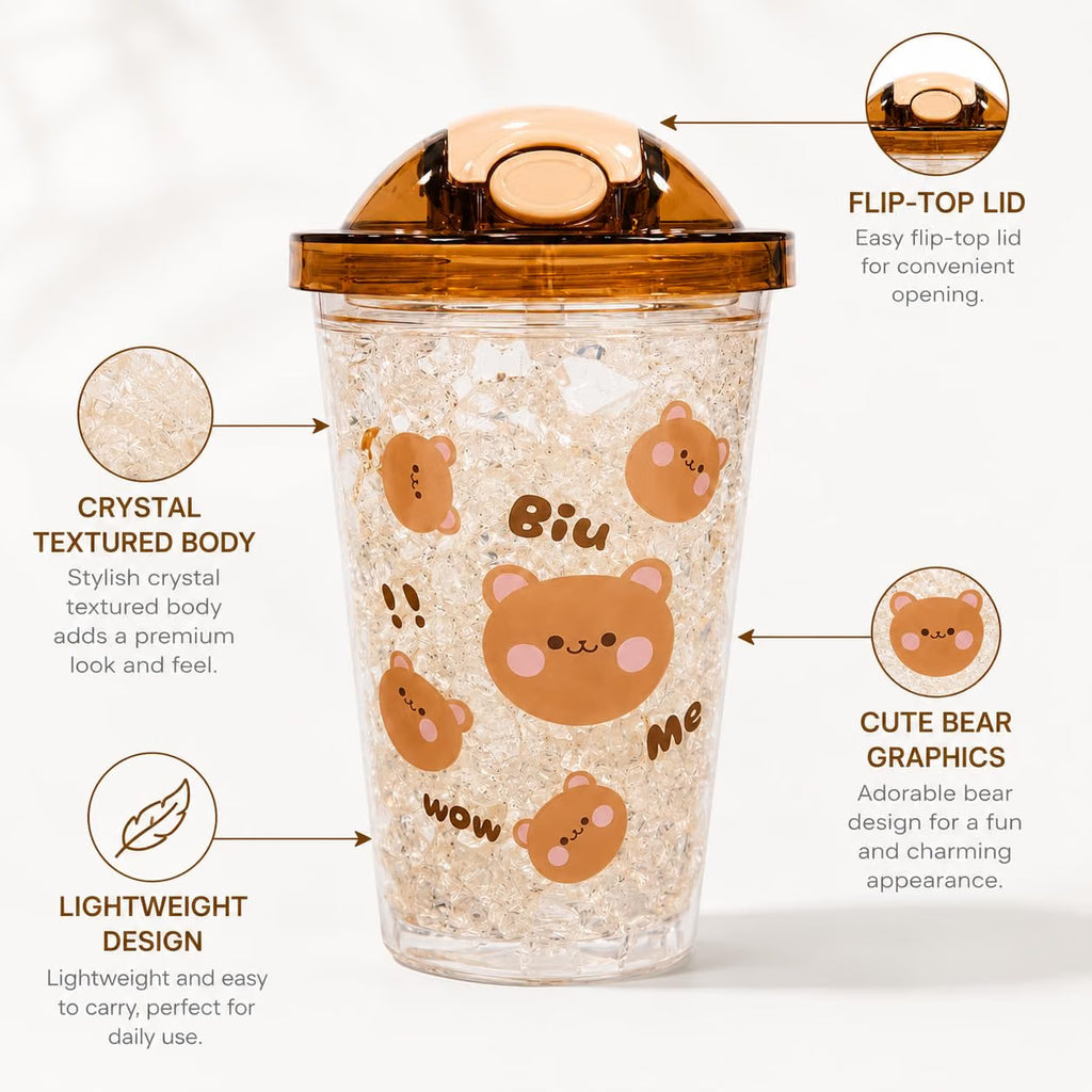 Cute Bear Tumbler for Kids & Girls 450ML - Leakproof Sipper Cup with Straw, Crystal Ice Textured Transparent Water Bottle with Flip Lid - Lightweight Freezer Safe Juice Coffee Cup (Yellow)