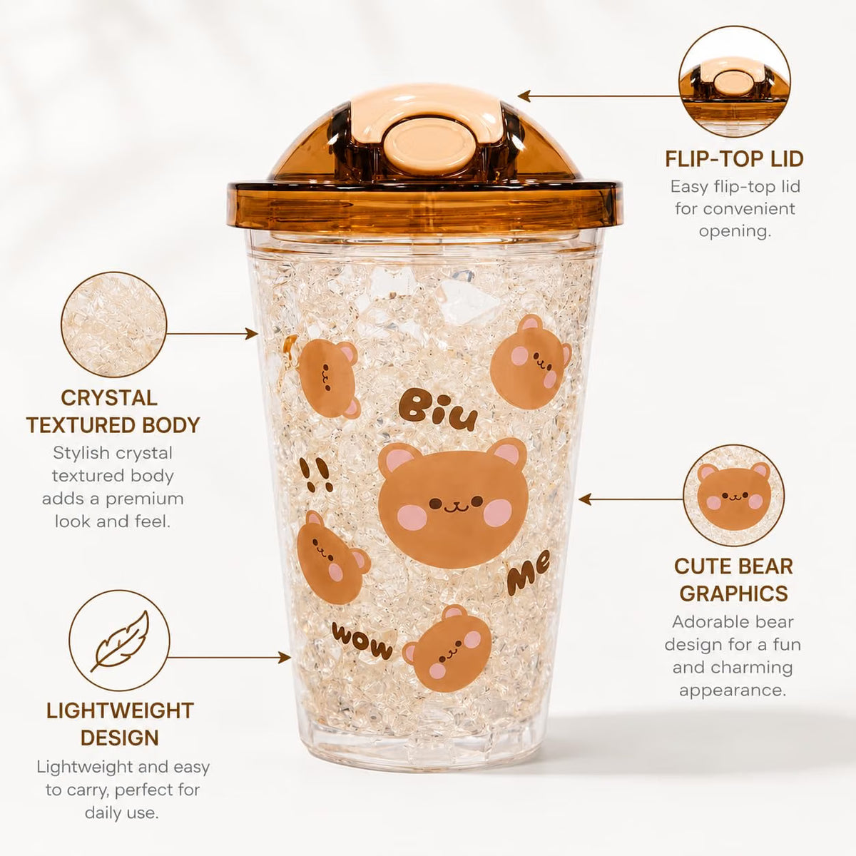 Cute Bear Tumbler for Kids & Girls 450ML - Leakproof Sipper Cup with Straw, Crystal Ice Textured Transparent Water Bottle with Flip Lid - Lightweight Freezer Safe Juice Coffee Cup (Yellow)