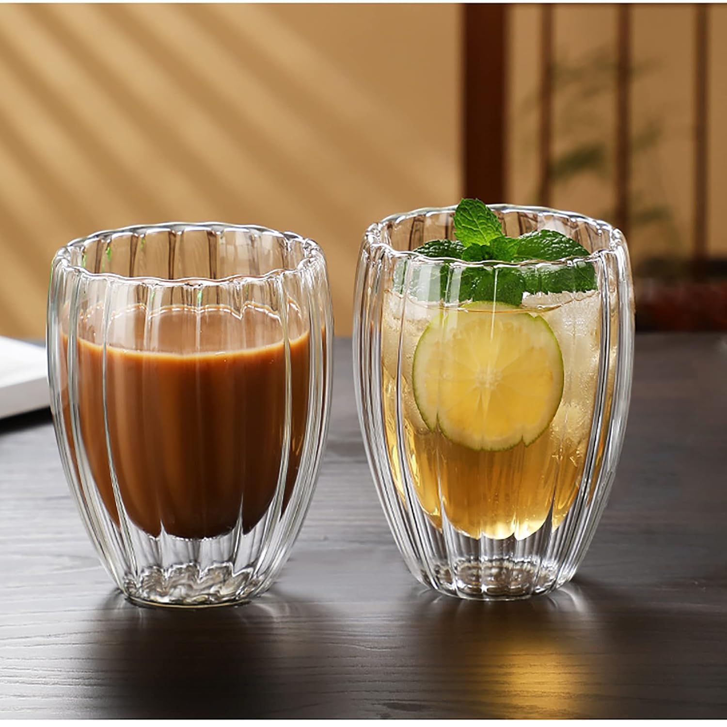 Double Wall Glass Cups with Petal Design, 300ml, Set of 2, Heat Resistant Borosilicate Glass for Hot and Cold Drinks Dailyalley