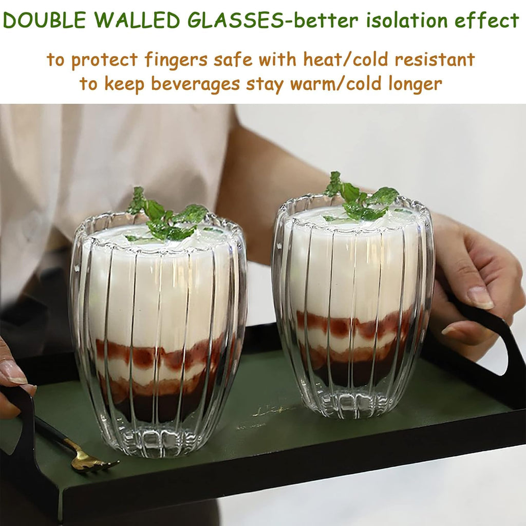 Double Wall Glass Cups with Petal Design, 300ml, Set of 2, Heat Resistant Borosilicate Glass for Hot and Cold Drinks Dailyalley