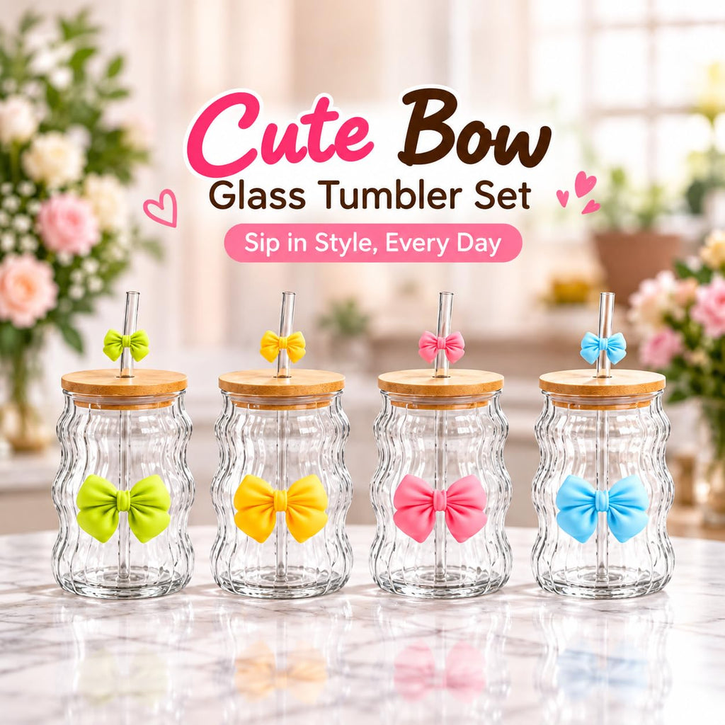 Glass Tumbler Set of 4, 300ml Cute Bow Design Drinking Glasses with Bamboo Lids and Glass Straws, Wavy Clear Cups for Iced Coffee, Juice, Smoothies and Cold Beverages & Matcha