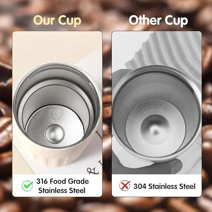 Comparison of 316 food grade stainless steel cup vs 304 stainless steel cup on a coffee bean background.