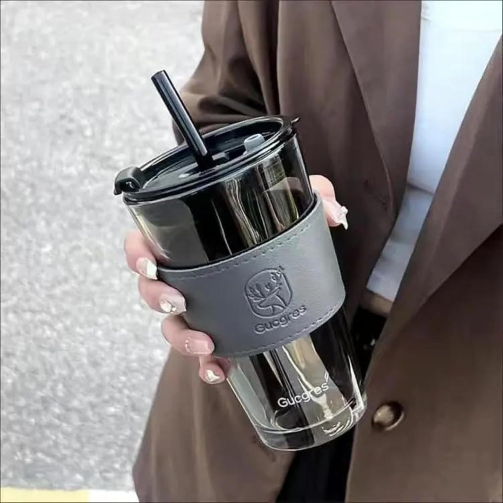 DailyAlley 400ml Glass Tumbler with Lid & Straw (Free Item Inside)