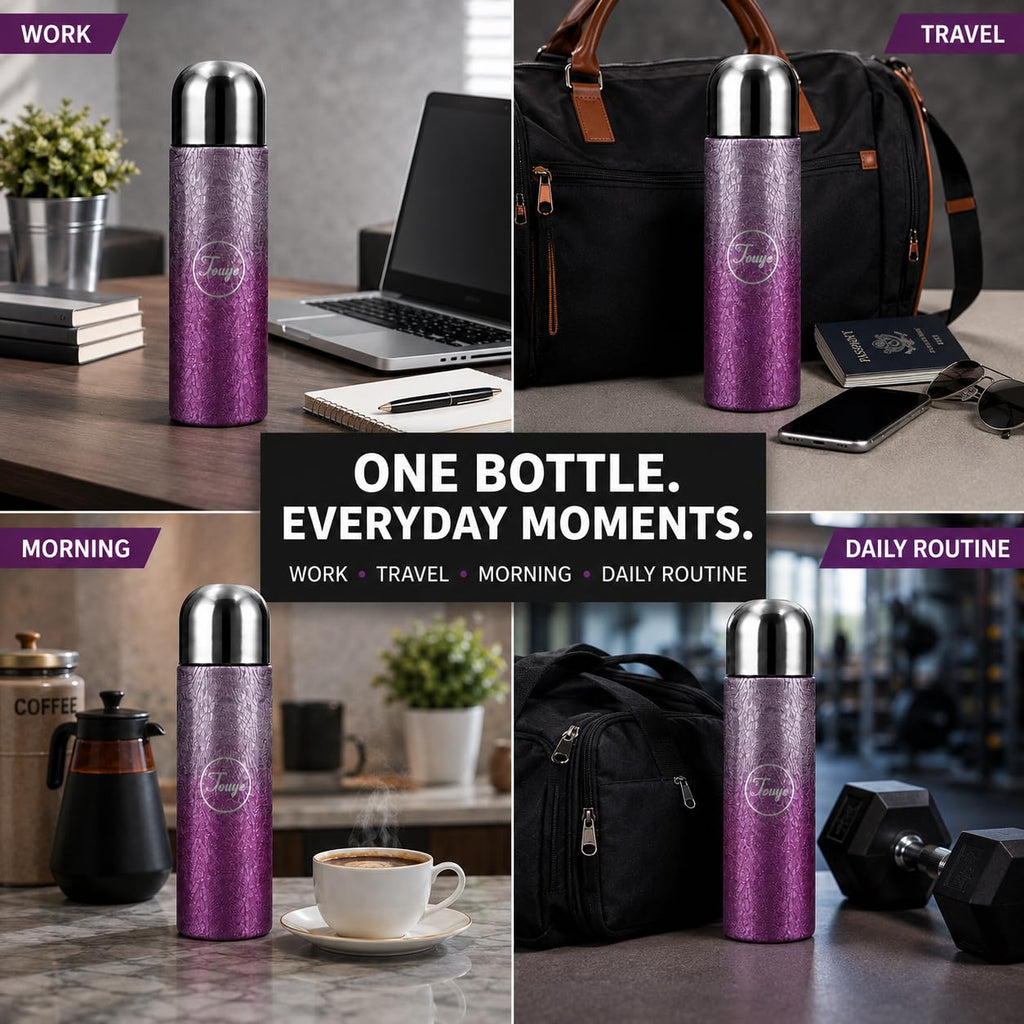 Stainless Steel Water Bottle Crystal Thermos Flask Titanium Coating, Purple, 450 ml Textured Exterior, Metallic Protective Cap, Integrated Drinking Lid