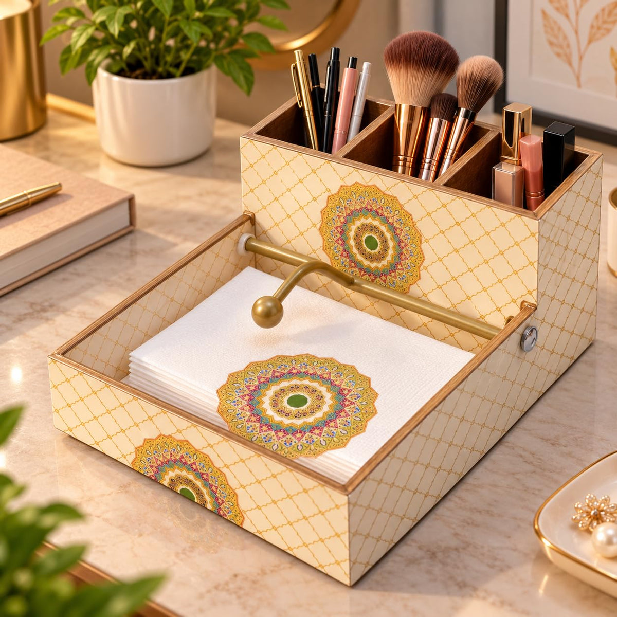 Decorative Desk Organizer & Tissue Holder with 3 Compartments | Multipurpose Stationery, Makeup & Cosmetic Storage | Mandala Design Tabletop Organizer for Home, Office & Vanity