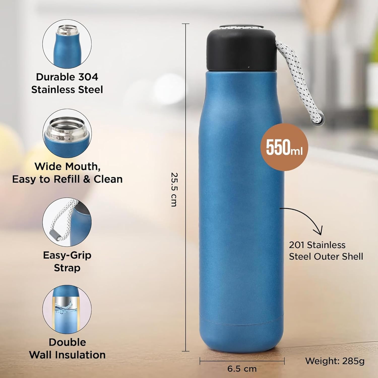 DailyAlley 550ml Insulated Steel Bottle | Hot & Cold Thermos Flask | Leakproof Cap with Carry Loop for Gym, Office & Travel | BPA-Free (Blue) Dailyalley