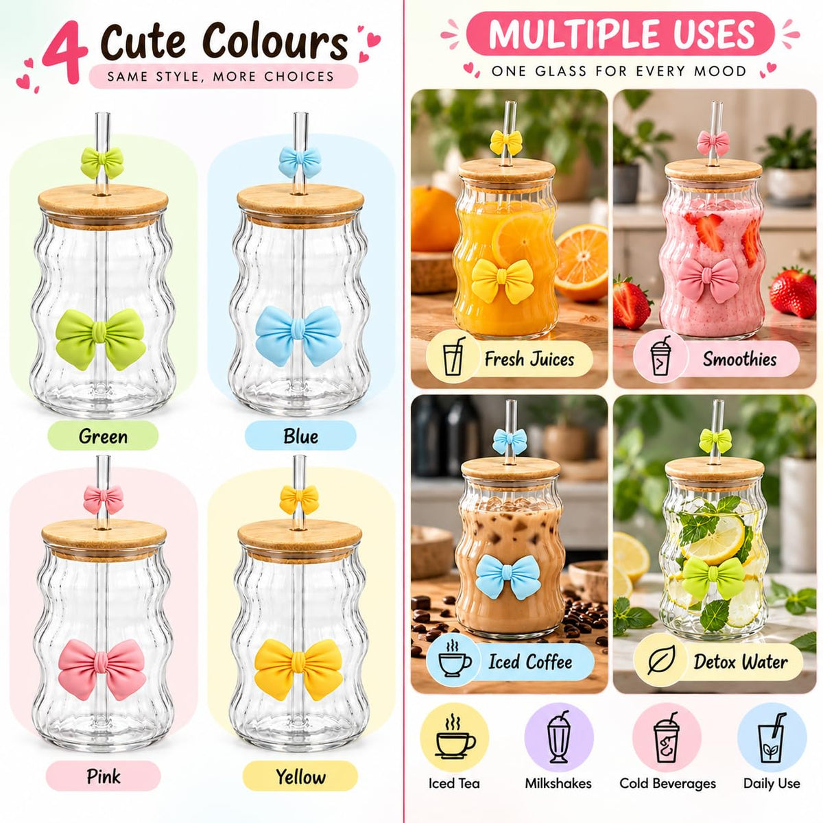 Glass Tumbler Set of 4, 300ml Cute Bow Design Drinking Glasses with Bamboo Lids and Glass Straws, Wavy Clear Cups for Iced Coffee, Juice, Smoothies and Cold Beverages & Matcha