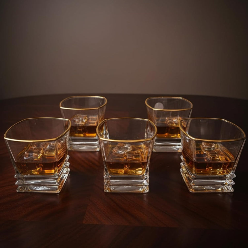 Premium Whisky Glass Set of 6 | 300ml Heavy Base Crystal Clear Glasses with Golden Rim | Elegant Square Design Glasses for Whisky, Scotch, Cocktails & Bar Use